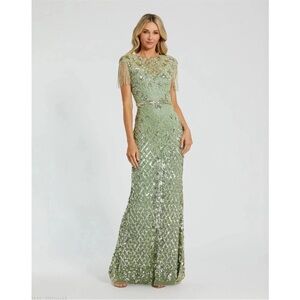 Mac Duggal 4908 Sage High Neck Beaded Fringe Fitted Gown Sz 2 NEW